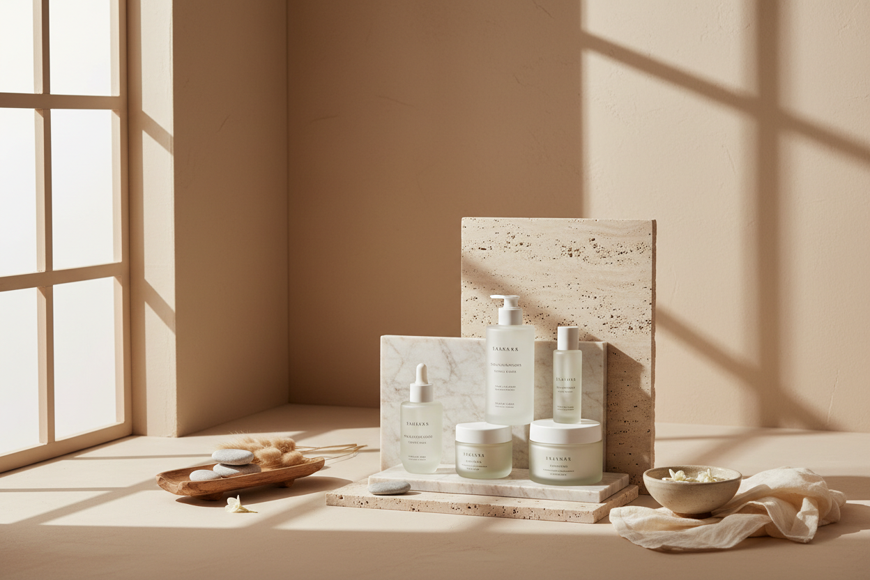 Editorial lifestyle beauty image, soft sunlight, neutral interior, premium skincare products styled on natural stone, calm and refined atmosphere, luxury apothecary aesthetic, minimal props, warm tones in roo style