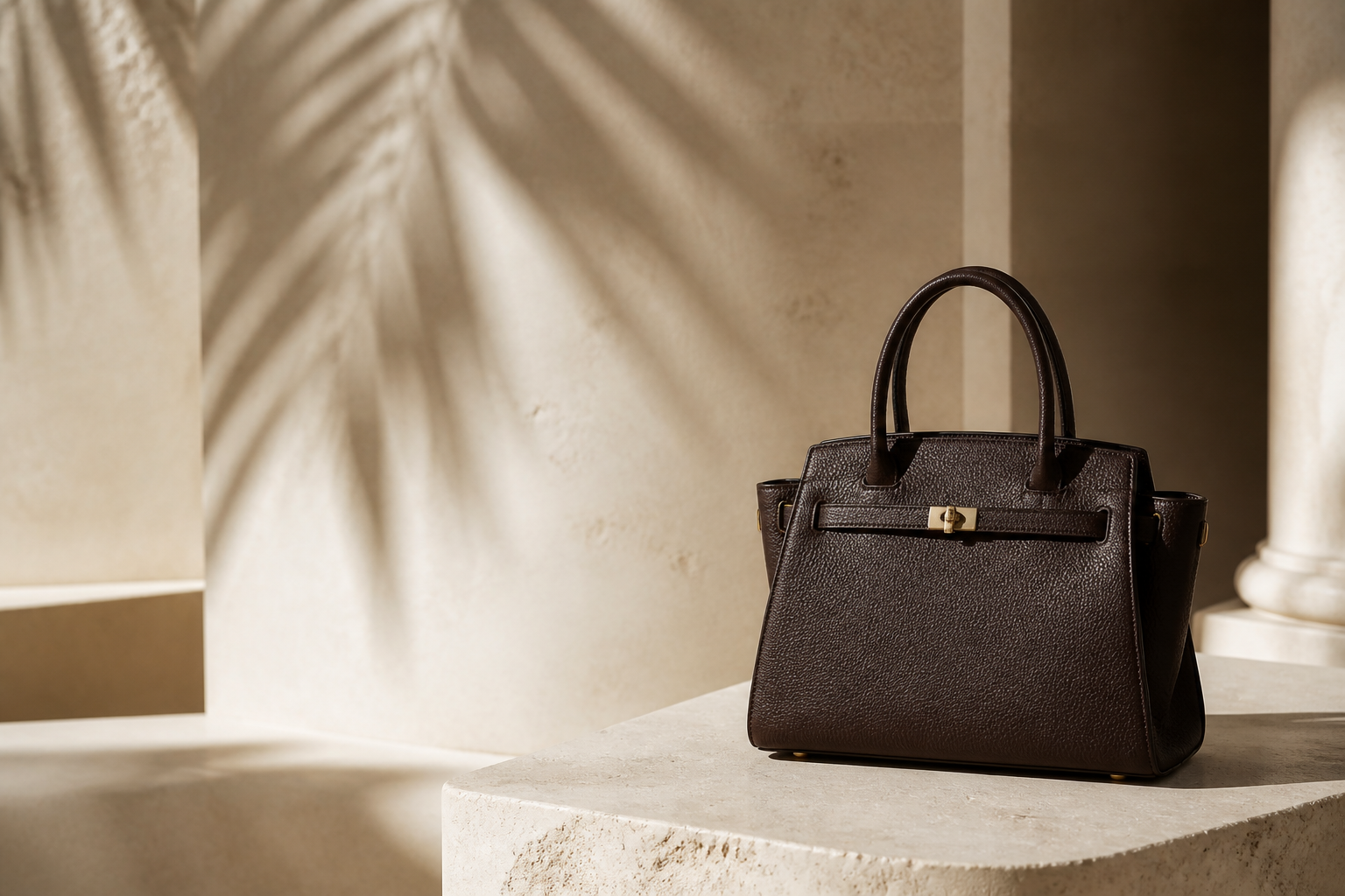 Sculptural espresso leather handbag in warm architectural light